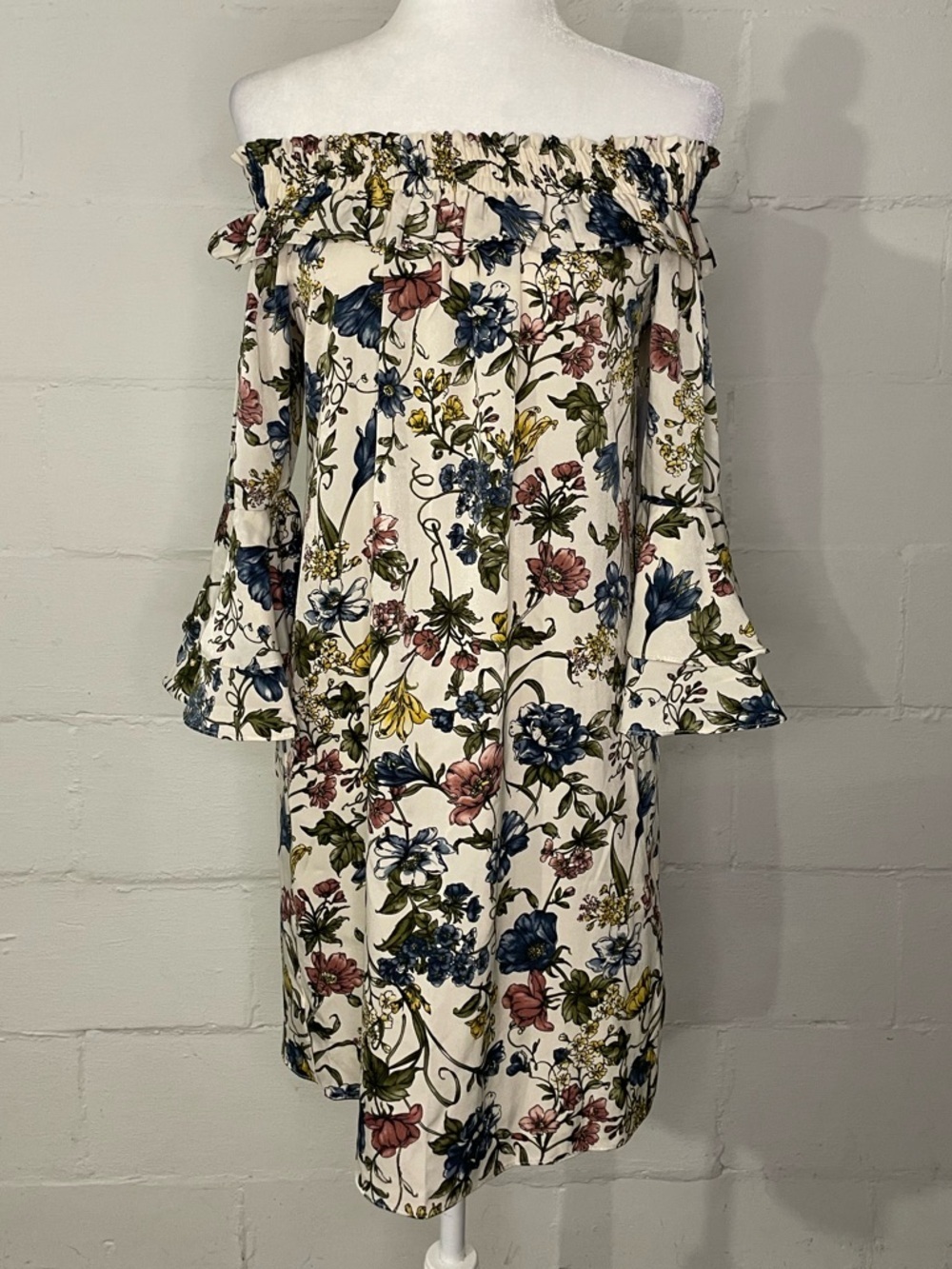 Misa Los Angeles Cream Off-Shoulder Dress with Blue, Pink & Yellow Floral Print
